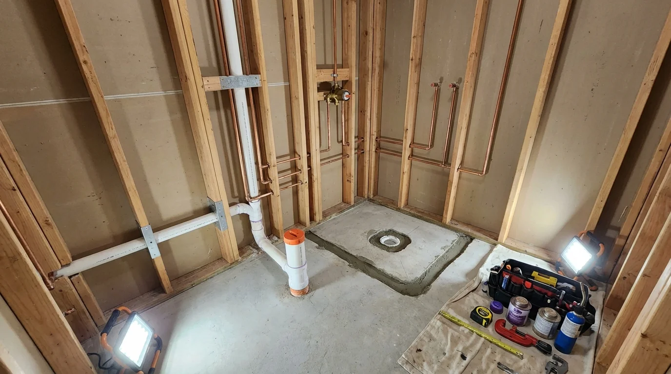 Bathroom rough-in plumbing during remodel by Johns Plumbing LLC in Tomah