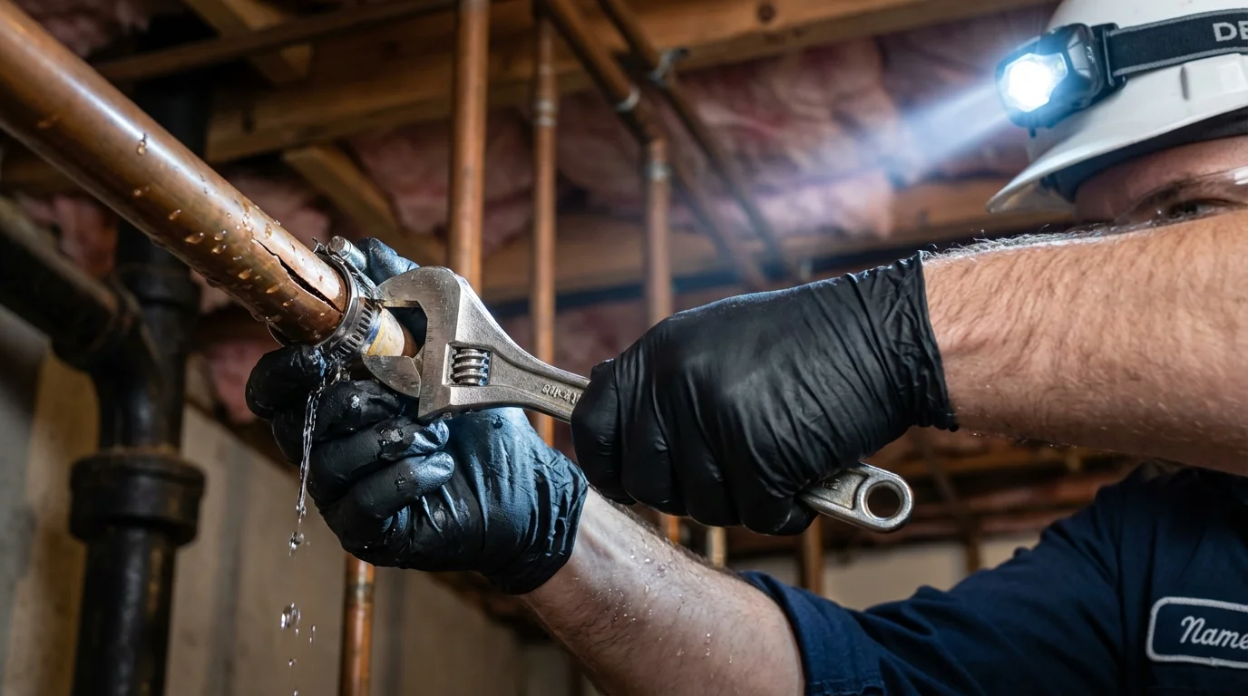 Emergency pipe clamp repair being performed by a Johns Plumbing LLC plumber in Tomah
