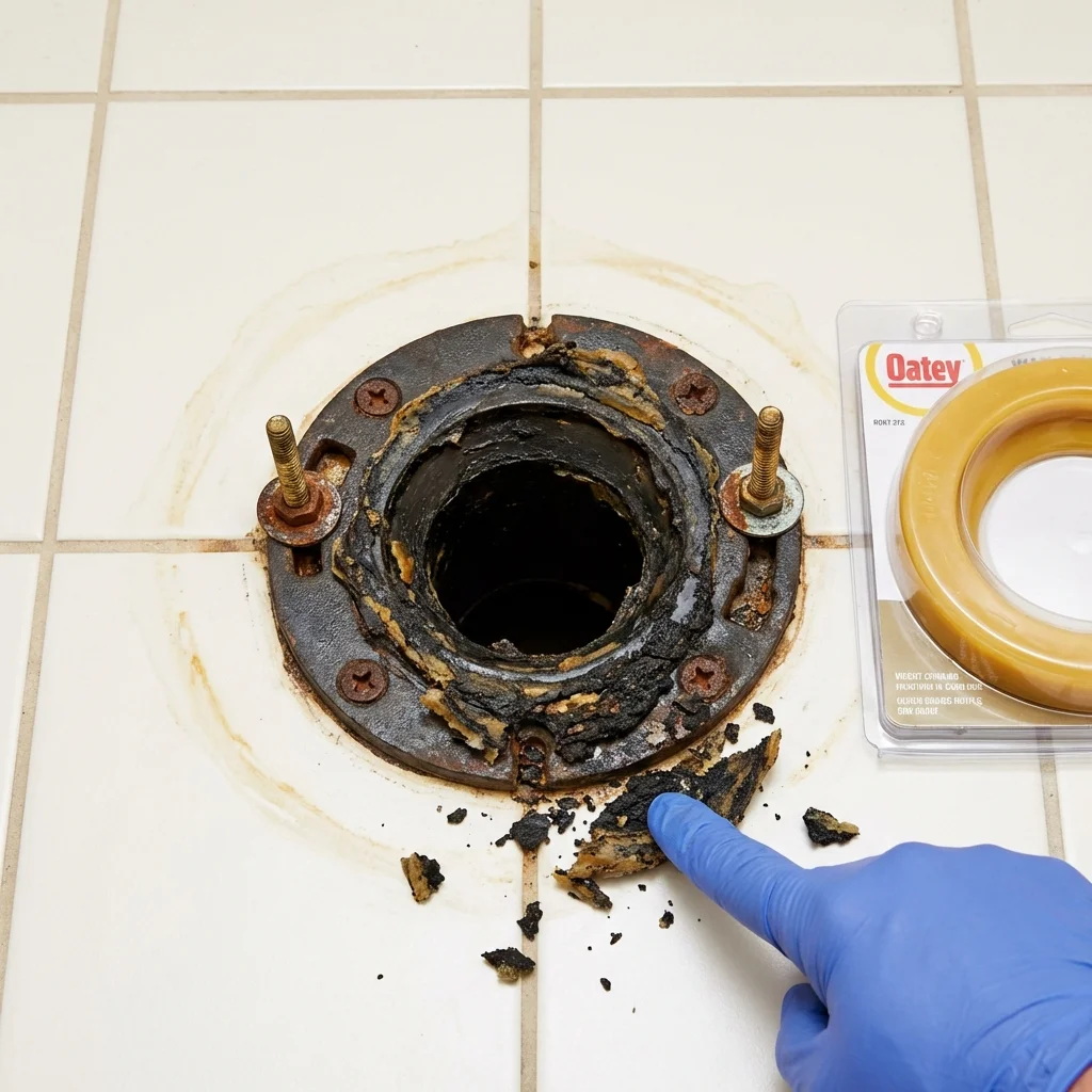 Failed wax ring showing water seepage at the base of a toilet in a Tomah, WI home