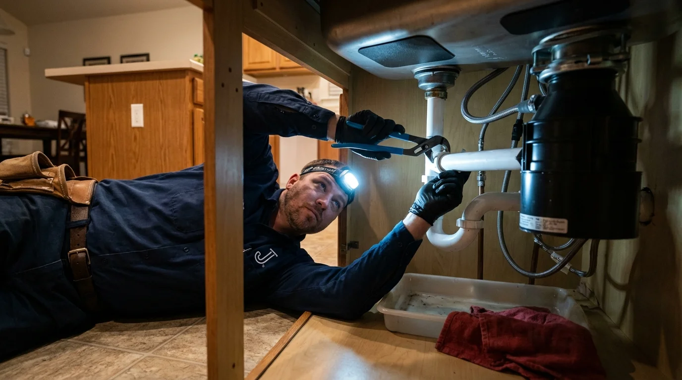 P-trap and supply line connections under a kitchen sink showing a common leak point in Tomah, WI